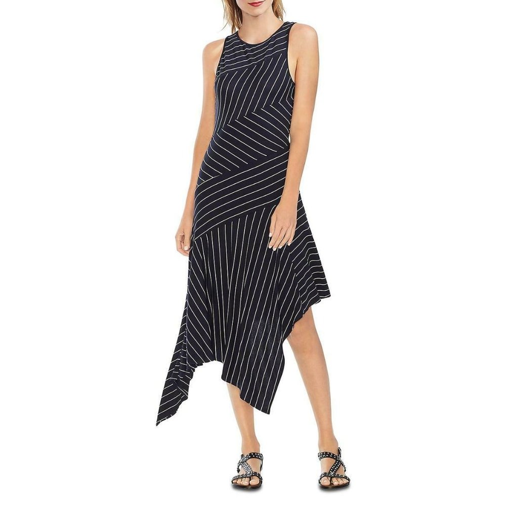 Vince Camuto Navy Striped Asymmetric Maxi Dress